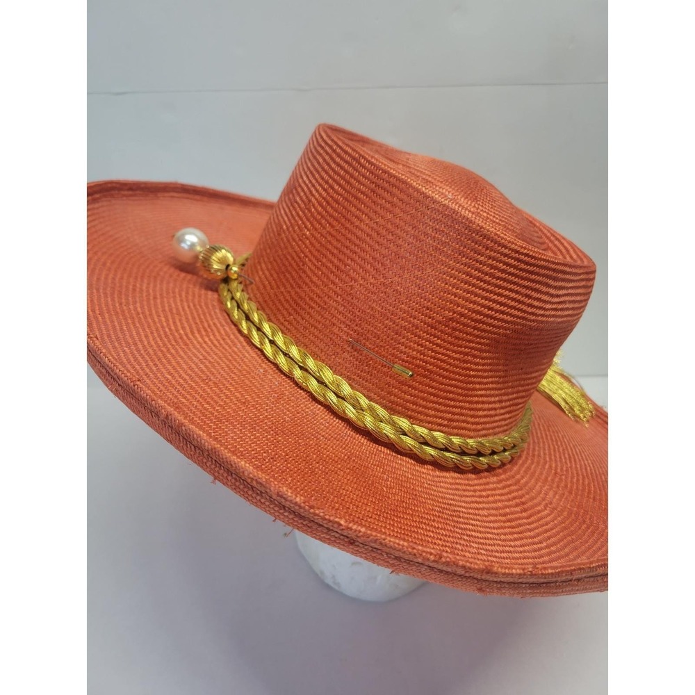 Adolfo II Vintage Wide Brim‎ Straw Hat Burnt Orange Gold Rope Tassel Pearl Pin - Picture 13 of 16